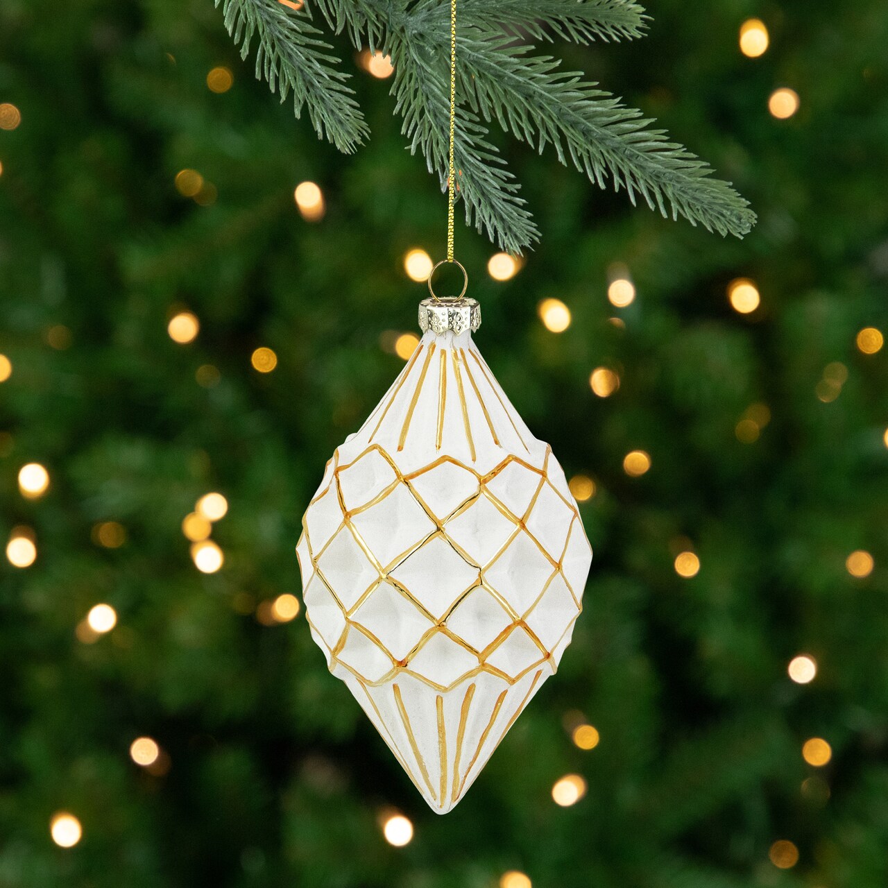 Northlight 5" Glittered White and Gold Geometric Finial Glass Christmas Ornament